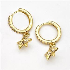 Copper Starfish Hoop Earrings Pave Zirconia Gold Plated, approx 9mm, 14mm dia