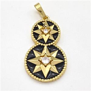 Copper NorthStar Pendant Pave Zirconia Black Enamel Circle Gold Plated, approx 11mm, 16mm