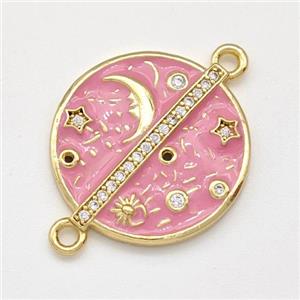 Copper Moon Star Connector Pave Zirconia Pink Enamel Circle Gold Plated, approx 20mm