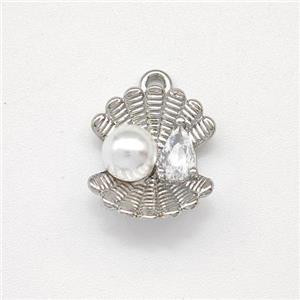 Scallop Shell Charms Copper Pendant Pave Pearlized Resin Platinum Plated, approx 11-12.5mm