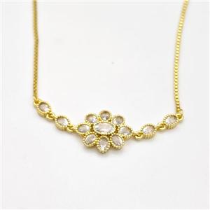 Copper Flower Necklace Pave Zirconia Gold Plated, approx 14-40mm, 1.2mm, 80-84cm length