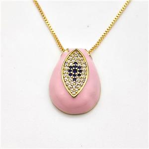 Copper Evil Eye Necklace Pave Zirconia Pink Enamel Gold Plated, approx 15-22mm, 0.8mm, 42-45cm length