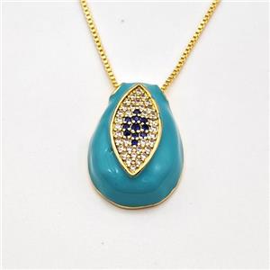 Copper Evil Eye Necklace Pave Zirconia Teal Enamel Gold Plated, approx 15-22mm, 0.8mm, 42-45cm length