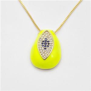 Copper Evil Eye Necklace Pave Zirconia Yellow Enamel Gold Plated, approx 15-22mm, 0.8mm, 42-45cm length