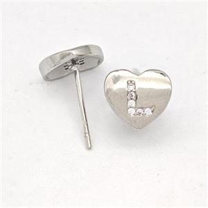 Copper Heart Stud Earring Pave Zirconia Letter-L Platinum Plated, approx 8-9mm