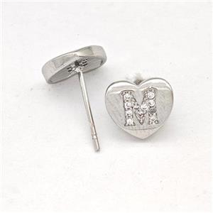 Copper Heart Stud Earring Pave Zirconia Letter-M Platinum Plated, approx 8-9mm