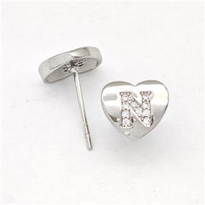 Copper Heart Stud Earring Pave Zirconia Letter-N Platinum Plated, approx 8-9mm