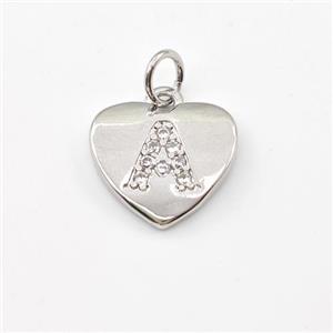 Copper Heart Pendant Pave Zirconia Letter-A Platinum Plated, approx 12mm