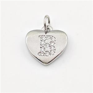 Copper Heart Pendant Pave Zirconia Letter-B Platinum Plated, approx 12mm