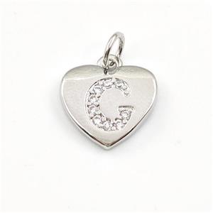 Copper Heart Pendant Pave Zirconia Letter-C Platinum Plated, approx 12mm