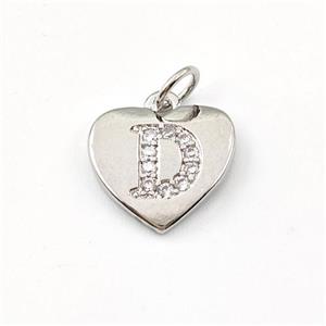 Copper Heart Pendant Pave Zirconia Letter-D Platinum Plated, approx 12mm