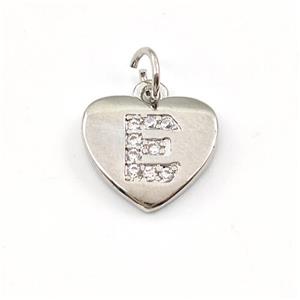 Copper Heart Pendant Pave Zirconia Letter-E Platinum Plated, approx 12mm