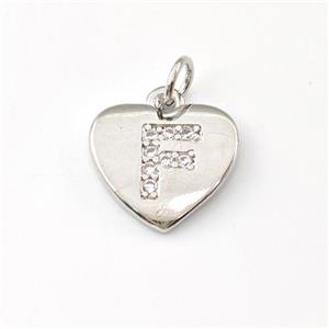 Copper Heart Pendant Pave Zirconia Letter-F Platinum Plated, approx 12mm