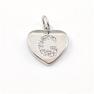 Copper Heart Pendant Pave Zirconia Letter-G Platinum Plated, approx 12mm