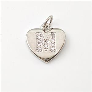 Copper Heart Pendant Pave Zirconia Letter-M Platinum Plated, approx 12mm