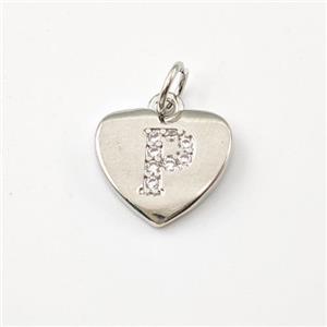 Copper Heart Pendant Pave Zirconia Letter-P Platinum Plated, approx 12mm