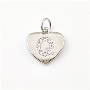 Copper Heart Pendant Pave Zirconia Letter-Q Platinum Plated, approx 12mm