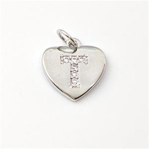 Copper Heart Pendant Pave Zirconia Letter-T Platinum Plated, approx 12mm