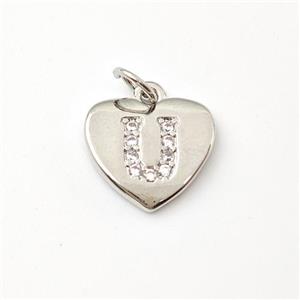 Copper Heart Pendant Pave Zirconia Letter-U Platinum Plated, approx 12mm