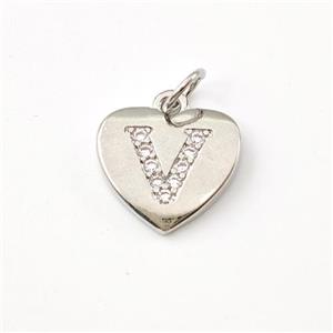 Copper Heart Pendant Pave Zirconia Letter-V Platinum Plated, approx 12mm