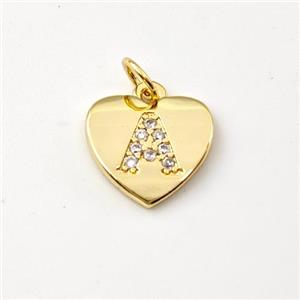 Copper Heart Pendant Pave Zirconia Letter-A Gold Plated, approx 12mm