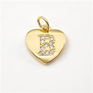 Copper Heart Pendant Pave Zirconia Letter-B Gold Plated, approx 12mm