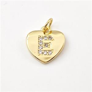 Copper Heart Pendant Pave Zirconia Letter-E Gold Plated, approx 12mm