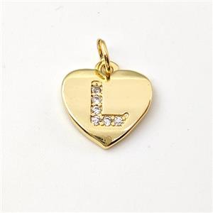 Copper Heart Pendant Pave Zirconia Letter-L Gold Plated, approx 12mm