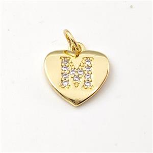 Copper Heart Pendant Pave Zirconia Letter-M Gold Plated, approx 12mm