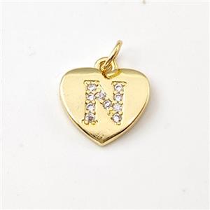 Copper Heart Pendant Pave Zirconia Letter-N Gold Plated, approx 12mm