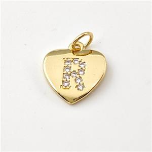 Copper Heart Pendant Pave Zirconia Letter-R Gold Plated, approx 12mm