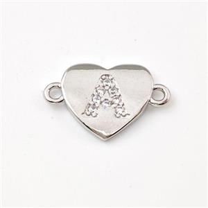 Copper Heart Connector Pave Zirconia Letter-A Platinum Plated, approx 12mm