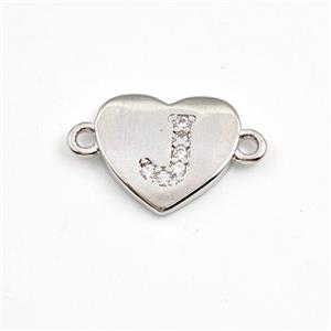 Copper Heart Connector Pave Zirconia Letter-J Platinum Plated, approx 12mm