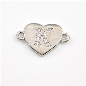 Copper Heart Connector Pave Zirconia Letter-K Platinum Plated, approx 12mm