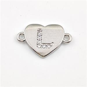 Copper Heart Connector Pave Zirconia Letter-L Platinum Plated, approx 12mm