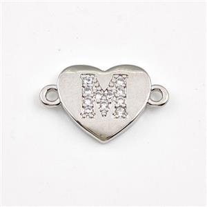 Copper Heart Connector Pave Zirconia Letter-M Platinum Plated, approx 12mm