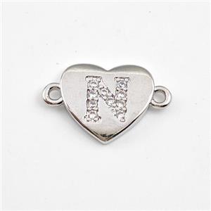 Copper Heart Connector Pave Zirconia Letter-N Platinum Plated, approx 12mm