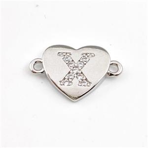 Copper Heart Connector Pave Zirconia Letter-X Platinum Plated, approx 12mm