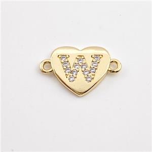 Copper Heart Connector Pave Zirconia Letter-W Gold Plated, approx 12mm