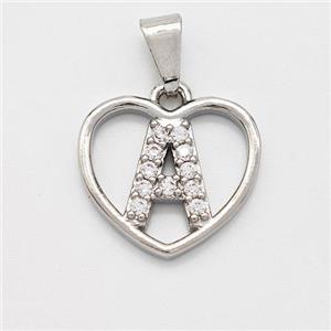 Copper Heart Pendant Pave Zirconia Letter-A Platinum Plated, approx 16mm