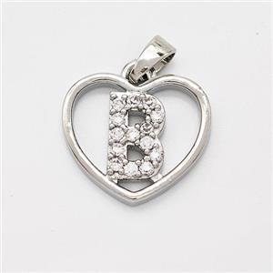 Copper Heart Pendant Pave Zirconia Letter-B Platinum Plated, approx 16mm