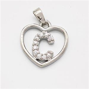 Copper Heart Pendant Pave Zirconia Letter-C Platinum Plated, approx 16mm