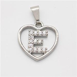 Copper Heart Pendant Pave Zirconia Letter-E Platinum Plated, approx 16mm