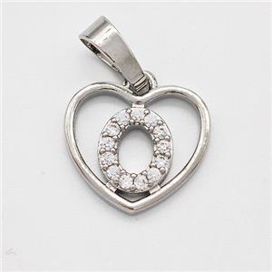 Copper Heart Pendant Pave Zirconia Letter-O Platinum Plated, approx 16mm