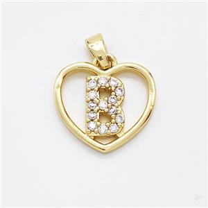 Copper Heart Pendant Pave Zirconia Letter-B Gold Plated, approx 16mm