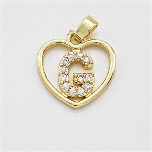 Copper Heart Pendant Pave Zirconia Letter-G Gold Plated, approx 16mm