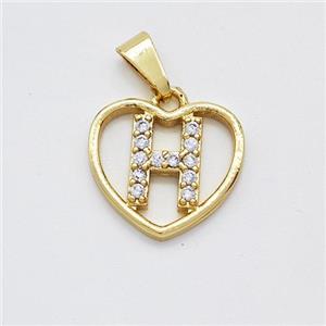 Copper Heart Pendant Pave Zirconia Letter-H Gold Plated, approx 16mm