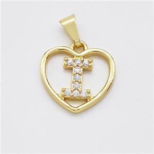 Copper Heart Pendant Pave Zirconia Letter-I Gold Plated, approx 16mm