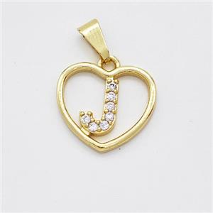 Copper Heart Pendant Pave Zirconia Letter-J Gold Plated, approx 16mm