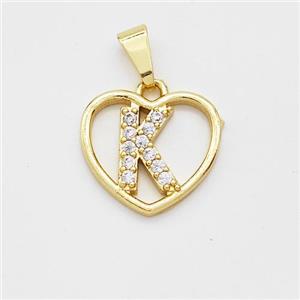 Copper Heart Pendant Pave Zirconia Letter-K Gold Plated, approx 16mm